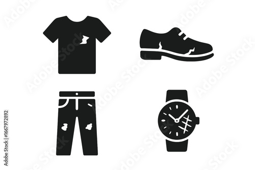 Worn objects solid icon set. Vector glyphs of old, damaged clothes and accessories. Torn shirt, ragged pants, cracked shoe, scratched watch. Poverty or second hand concept.
