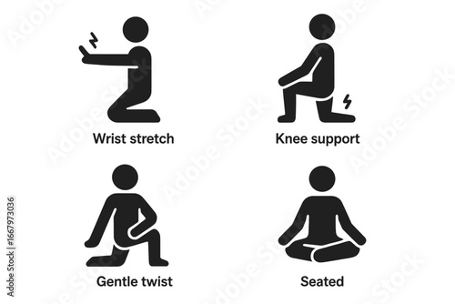 Yoga for arthritis icon set. Vector glyphs of physical therapy exercises for joint pain relief. Includes wrist stretch, knee support, gentle twist, and seated poses.