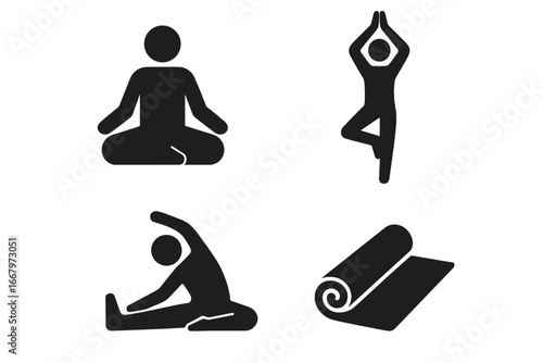 Yoga pose vector icon set. Solid black glyph pictograms of meditation, tree pose, stretching exercise and yoga mat. Fitness, wellness and relaxation concept symbols.
