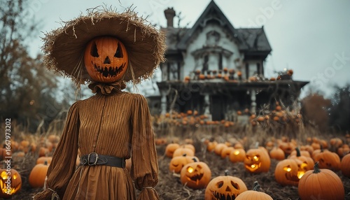 a spooky scarecrow stands in a pumpkin patch before a haunted mansion illuminated by jack-o'-lanterns on a cloudy autumn evening.