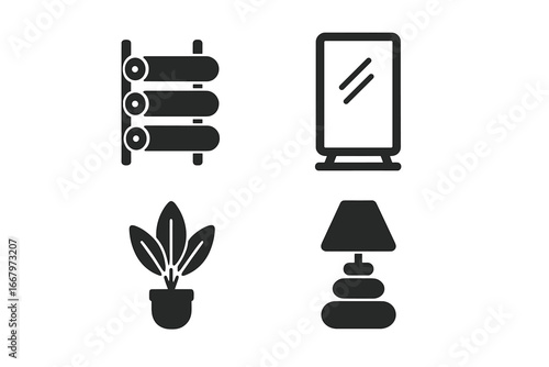 Yoga studio solid icon set. Wellness and fitness glyphs. Vector pictograms including yoga mat rack, floor mirror, indoor plant, and calming lamp for health and meditation.