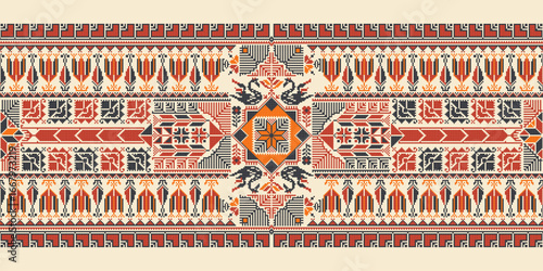 Traditional Tatreez embroidery horizontal seamless pattern, Palestinian border. Scalable vector design for print, background, template