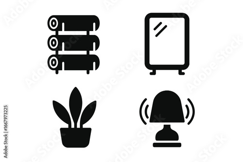 Yoga studio solid glyph icons set. Fitness and wellness elements. Rolled mats, floor mirror, indoor plant, calming lamp. Meditation and relaxation symbols. Vector pack.