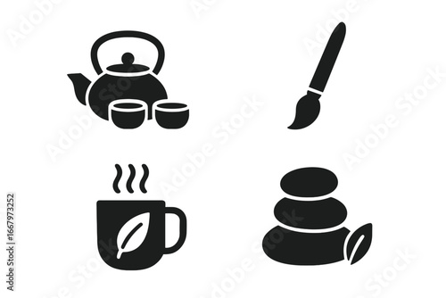 Zen lifestyle solid filled icon set. Tea ceremony, teapot, calligraphy brush, herbal tea cup, spa stones. Vector silhouette illustration for wellness, meditation, relaxation.