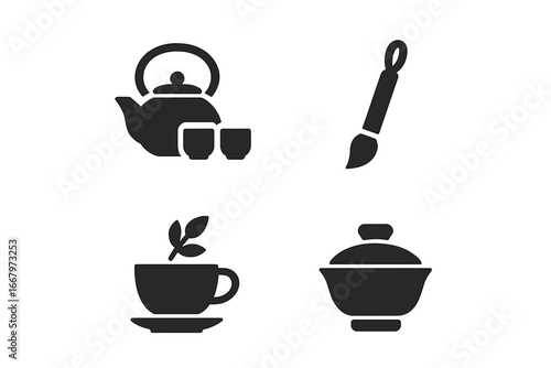 Zen lifestyle solid icon set. Japanese tea ceremony objects. Calligraphy brush, teapot, herbal tea cup, gaiwan pictogram. Mindfulness and relaxation vector graphic elements.