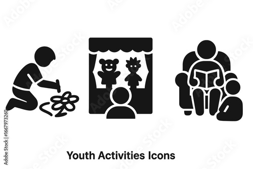 Youth activities solid icon set. Family time concepts. Child drawing with chalk, puppet show theater, and parent reading a book to kids for story time. Vector illustration.