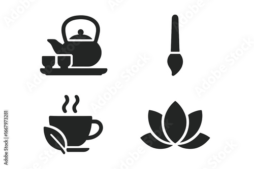 Zen lifestyle solid glyph icon set. Tea ceremony with teapot and cups, calligraphy brush, herbal tea, and lotus flower. Asian culture, meditation, and wellness symbols.