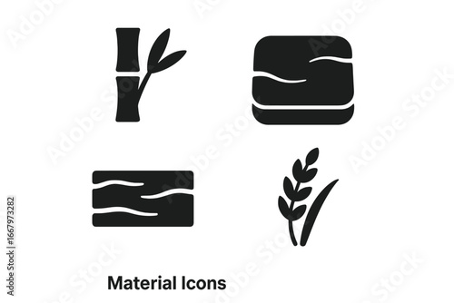 Zen material icon set. Solid glyph collection of natural elements. Bamboo, stone, wood, rice symbols. For spa, wellness, meditation, eco, organic, and nature concepts.