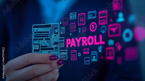 A person holding a digital representation of payroll data, highlighted with vibrant graphics that symbolize financial management and technology.
