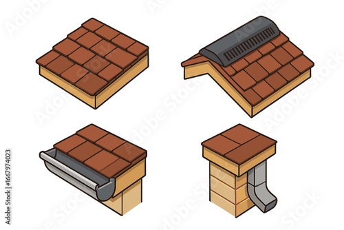 Isometric Roofing Icon Set with Asphalt Shingle, Roof Ridge Vent, Gutter and Downspout, Cartoon Vector Illustration of Roof Components, Construction and Home Exterior Elements