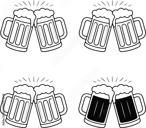 Four Sets of Cheersing Beer Mugs with Foam and Rays