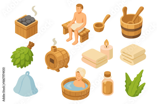 Sauna and wellness icons set – isometric vector cartoon illustration of relaxing spa bathhouse designs with wooden elements, steam, towels, herbs, essential oils, and sauna accessories