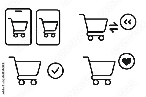Set of Outline Shopping Cart Icons Featuring Multi-Cart Comparison, Favorites, Side-by-Side Cart Screens, Selection and Compare Symbols, Vector Cartoon Illustration