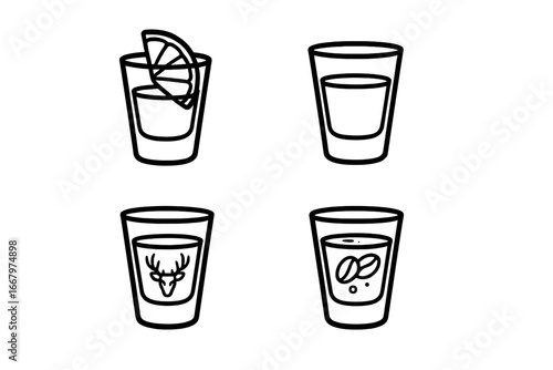 Outline shot glass icon set with tequila, vodka, Jaegermeister, sambuca, and cocktail glass illustrations, simple vector cartoon style for beverage and bar design