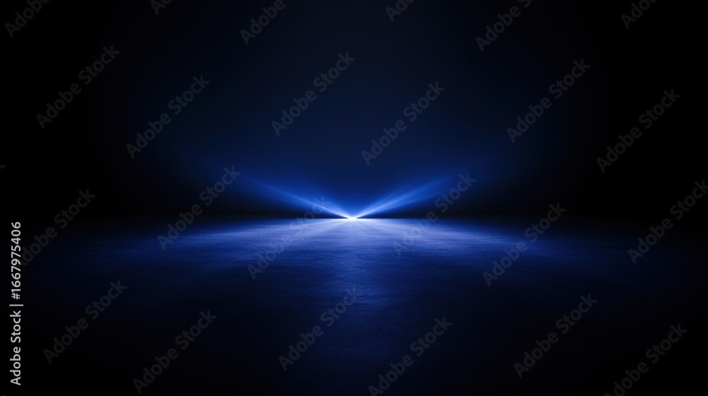 Obraz premium Futuristic blue light beam on reflective surface in dark space
