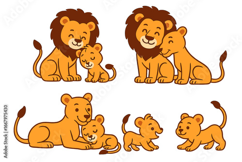 Cute cartoon lion family set. Vector illustration of lion father, mother and cub showing love and affection. Playful lioness and baby animal characters for nursery or kids.