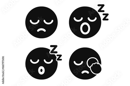 Sleepy face icons set, solid filled vector emojis with droopy eyes, yawning, snoring, and rubbing eyes, cartoon style sleepiness emotions, tired expressions collection