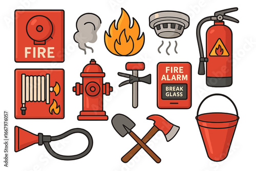 Fire safety equipment icon set. Vector cartoon illustration of firefighter tools for emergency situations. Fire extinguisher, hydrant, alarm, axe, and hose symbols for protection.