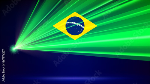 Laser flag of brazil. Laser show on dark blue background. Brazilian national patriotic flag. Multicolor template of banner, poster for national holiday of brazil. Place for text. Copy space. Vector