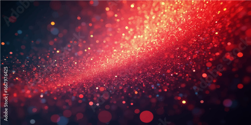 Bright holiday lights glitter against a festive red background, with sparkling snow and stars creating a celebratory glow