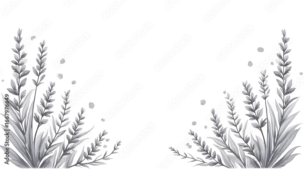 Fototapeta premium Floral Border Illustration with Lavender and Leaves in Gray Scale