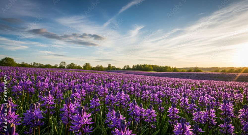 Naklejka premium A large field of purple camas flowers at sunset with trees and a bright sky.