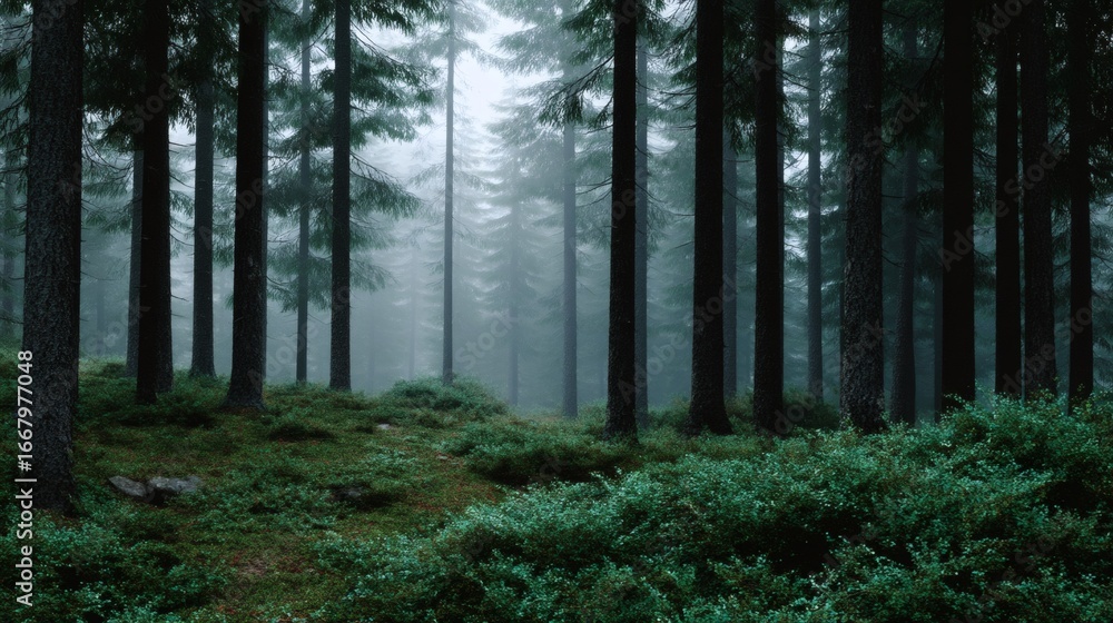 Obraz premium dark night forest, with tall straight tree trunks disappearing into the dim mist, dense low vegetation in rich green hues at the base, and a moist ground with subtle reflections under the faint ambien