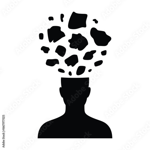 Abstract silhouette of a person with a cloud of scattered black shapes above their head