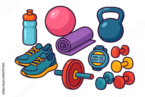 Fitness equipment vector set. Gym workout tools collection. Dumbbell, kettlebell, water bottle, sneakers, yoga mat, fitball icons. Sport exercise cartoon illustration.