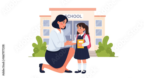 Adobe illustrator artwork vector illustration of a mother giving emotional support to her daughter on the first day of school