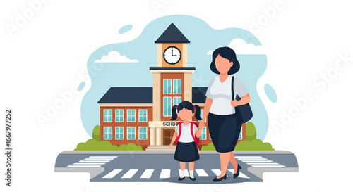 Adobe illustrator artwork vector illustration of a stylish mother walking her daughter to school, accompanied by other cheerful students near the school building