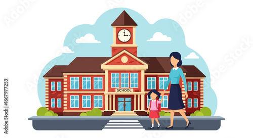 Adobe illustrator artwork vector illustration of a stylish mother walking her daughter to school, accompanied by other cheerful students near the school building