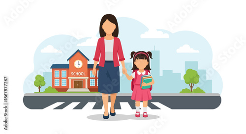 Adobe illustrator artwork vector illustration of a stylish mother walking her daughter to school, accompanied by other cheerful students near the school building
