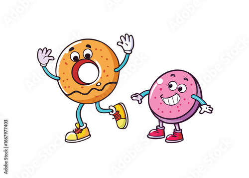 Cartoon Donuts with Arms and Legs Having Fun Together Isolated on White