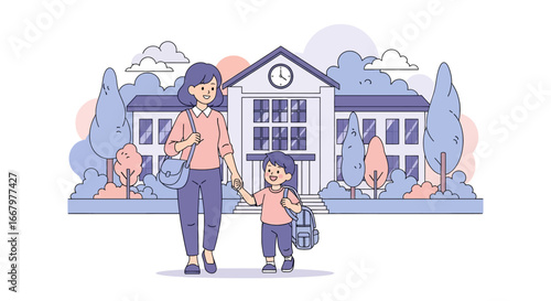 Adobe illustrator artwork vector illustration of a mother in a red suit holding hands with her daughter in a blue dress and yellow backpack, walking together