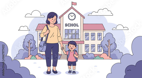 Adobe illustrator artwork vector illustration of a mother in a red suit holding hands with her daughter in a blue dress and yellow backpack, walking together