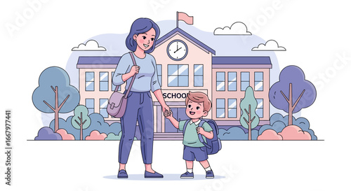 Adobe illustrator artwork vector illustration of a mother in a red suit holding hands with her daughter in a blue dress and yellow backpack, walking together