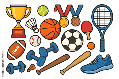 Colorful array of sports equipment and medals, cartoon-style vector illustration featuring balls, rackets, dumbbells, bats, sneakers, and trophies on white background