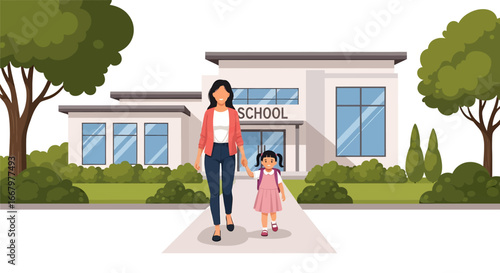 Adobe illustrator artwork vector illustration of a mother in a red suit holding hands with her daughter in a blue dress and yellow backpack, walking together