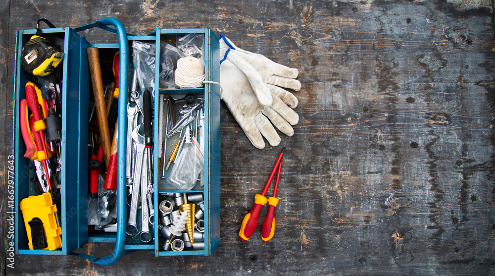 custom made wallpaper toronto digitalAn open tool box photographed from above with many different tools in it.