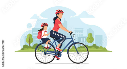 Adobe illustrator artwork vector illustration of a mother cycling with her daughter on the back, both wearing helmets, with a cityscape in the background