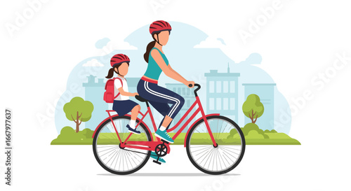 Adobe illustrator artwork vector illustration of a mother cycling with her daughter on the back, both wearing helmets, with a cityscape in the background