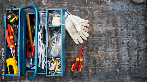 Wallpaper Mural An open tool box photographed from above with many different tools in it. Torontodigital.ca