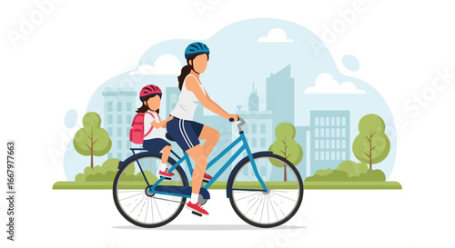 Adobe illustrator artwork vector illustration of a mother cycling with her daughter on the back, both wearing helmets, with a cityscape in the background