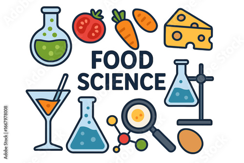 Food science concept. Laboratory research with flask, molecule. Nutrition analysis of tomato, carrot, cheese, egg. Molecular gastronomy, biotechnology, culinary innovation vector set.