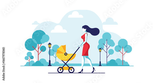 Adobe illustrator artwork vector illustration of a fashionable woman in sunglasses pushing a dark-colored baby stroller through a lush green park with trees and lampposts