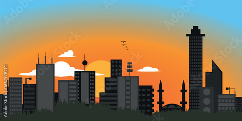 city ​​view at sunset flat design