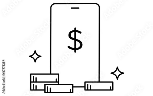 Fintech icon of smartphone receiving dividend payment as passive income from investment, black and white
