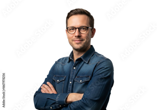 Photo of confident man with glasses and denim shirt isolated on transparent background