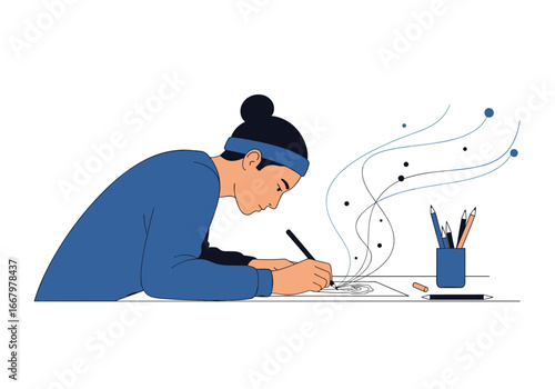 Creative young person drawing and illustrating with imagination flowing outward